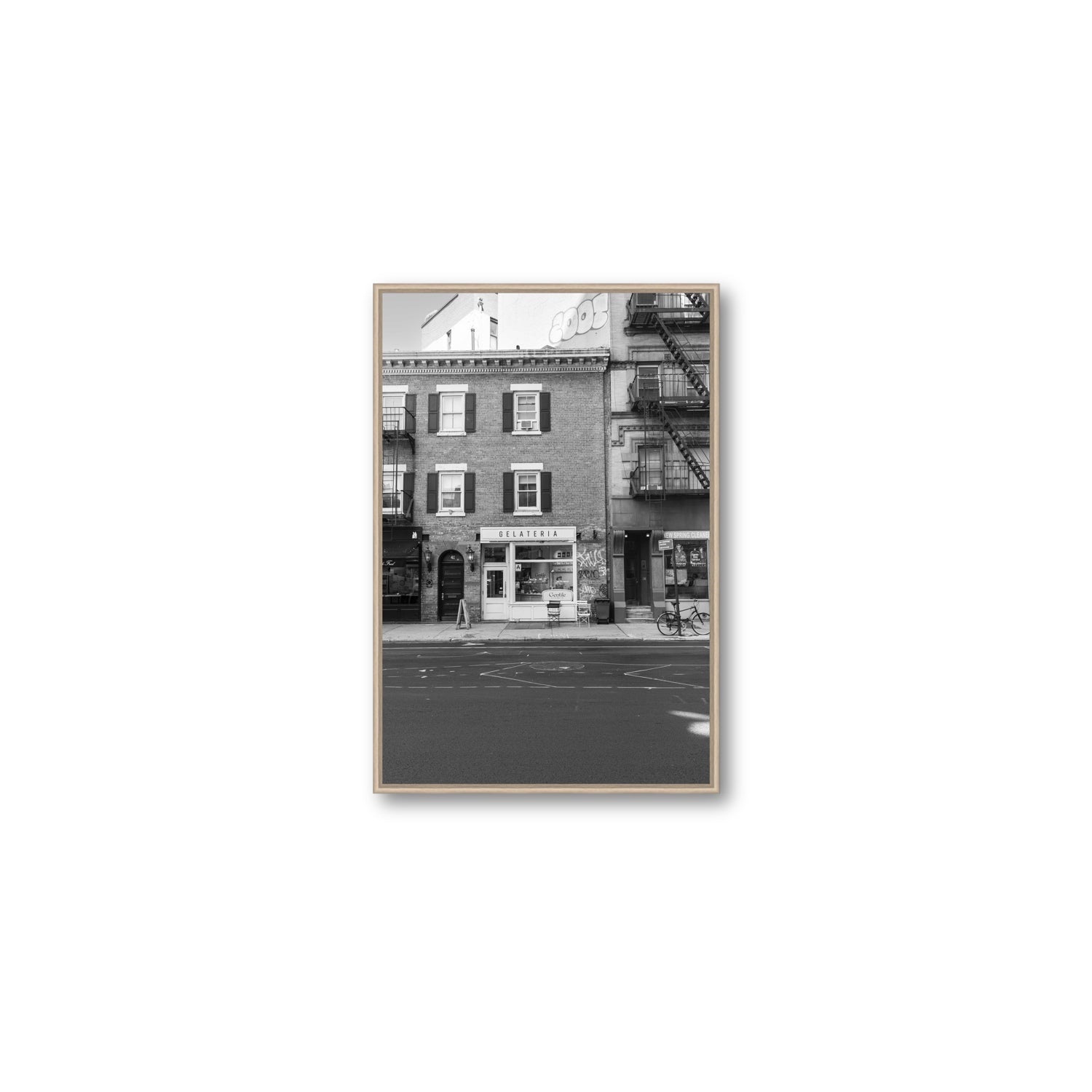 Gelateria New York NYC Black & White wall art Medium fine art canvas in natural oak float frame