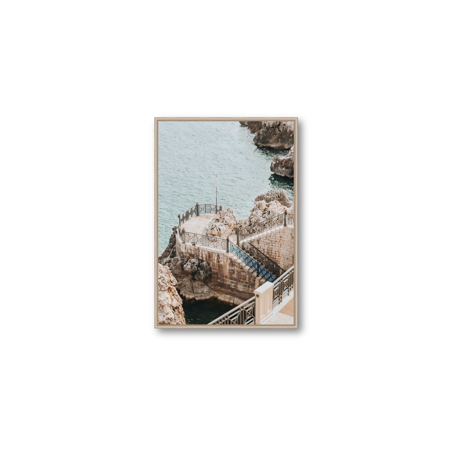 Tidal Staircase Puglia coastal Italian wall art Medium fine art canvas in natural oak float frame