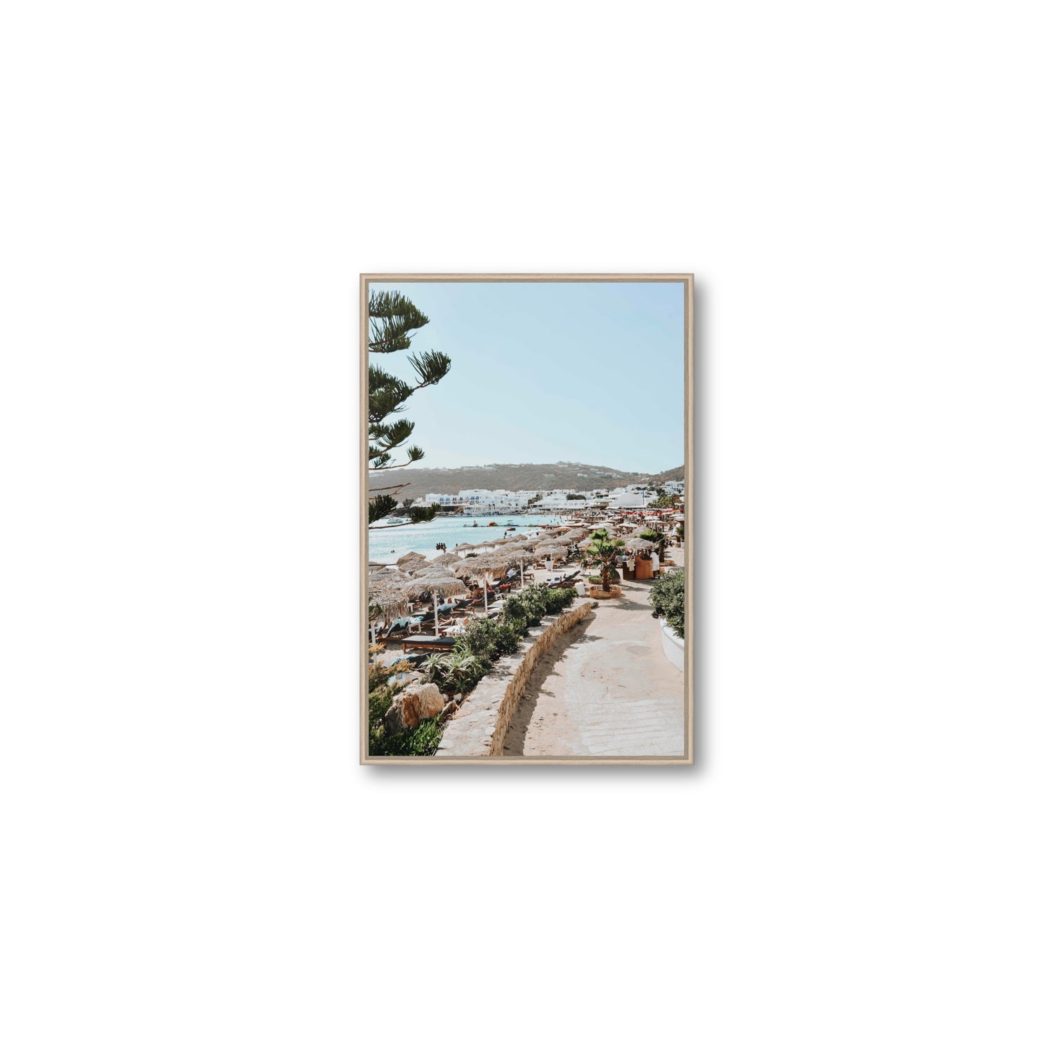 All Roads Lead To The Beach Mykonos Greek island wall art Medium fine art canvas in natural oak float frame