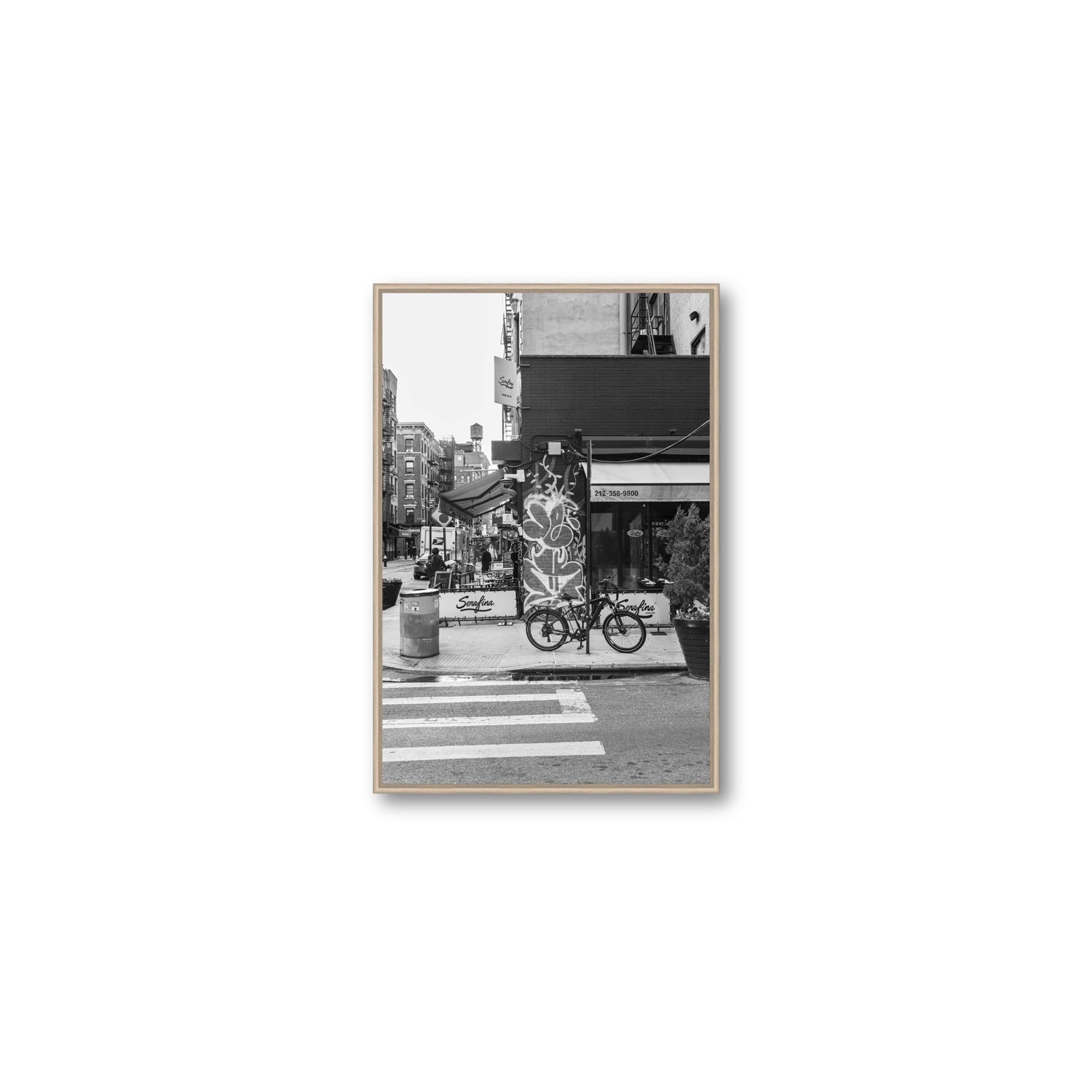 Cafe Canvas New York NYC Black & White wall art Medium fine art canvas in natural oak float frame