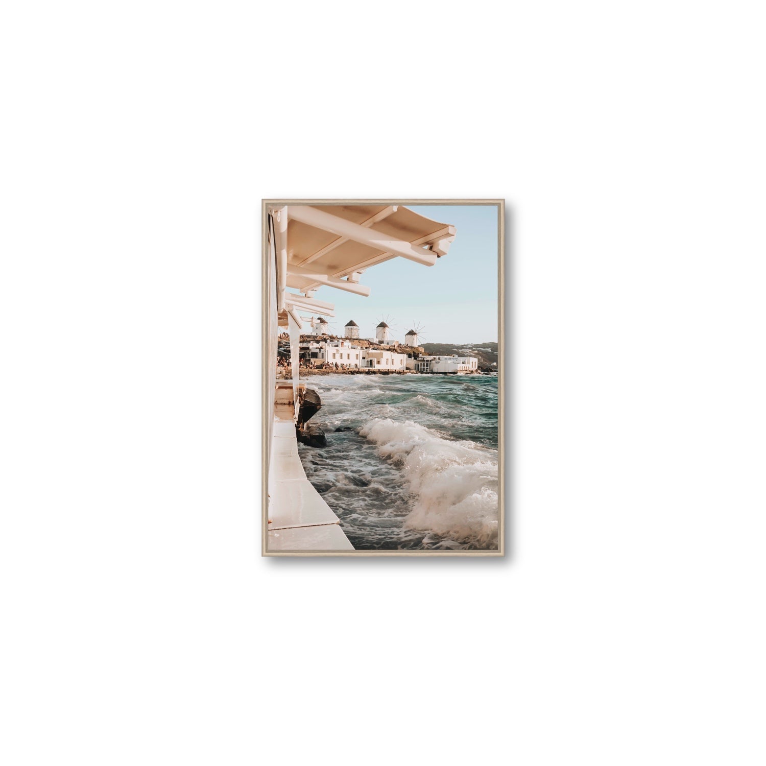 Windmills Mykonos Greek island wall art Medium fine art canvas in natural oak float frame