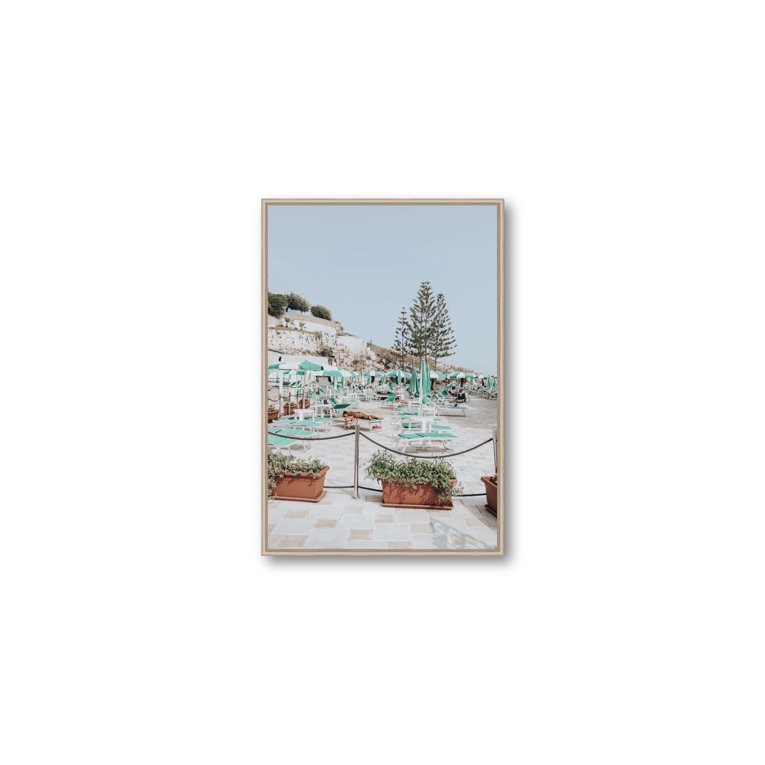 Siesta on The Terrace Puglia coastal wall art Medium fine art canvas in natural oak float frame