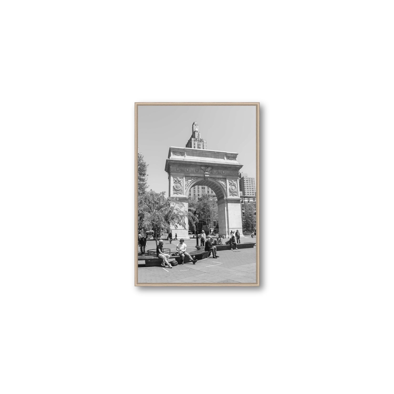 City Picnic New York NYC Black & White wall art Medium fine art canvas in natural oak float frame