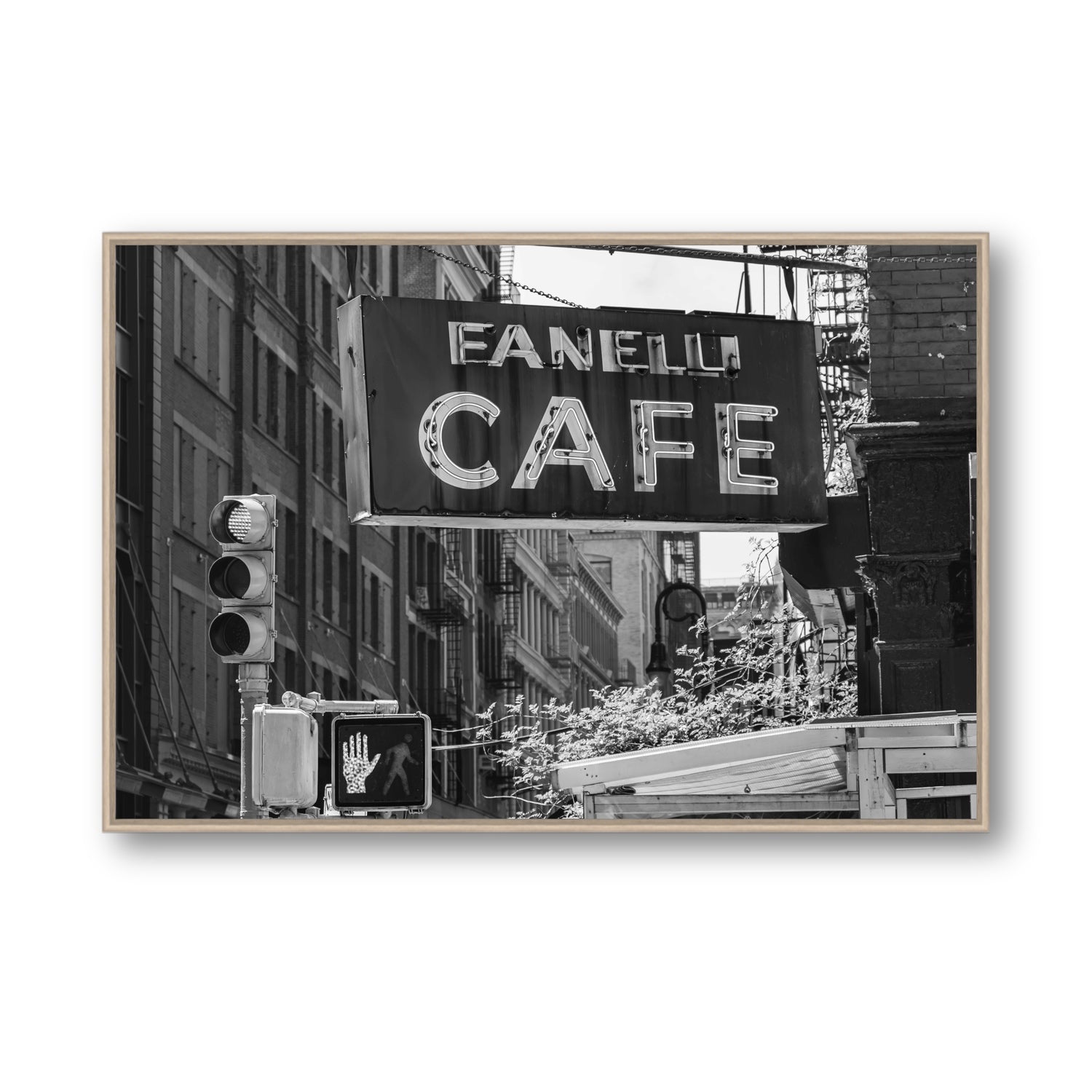 Soho Neon New York NYC Black & White wall art Statement fine art canvas in natural oak float frame