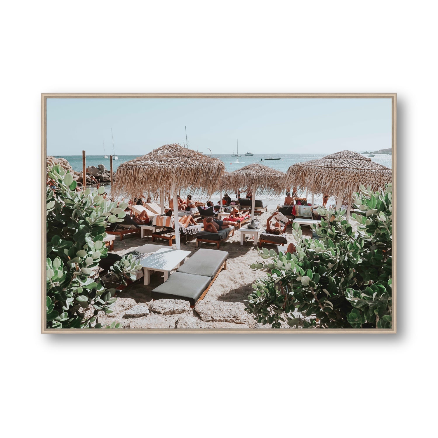 Greek Haven Mykonos Greek island coastal wall art Statement fine art canvas in natural oak float frame