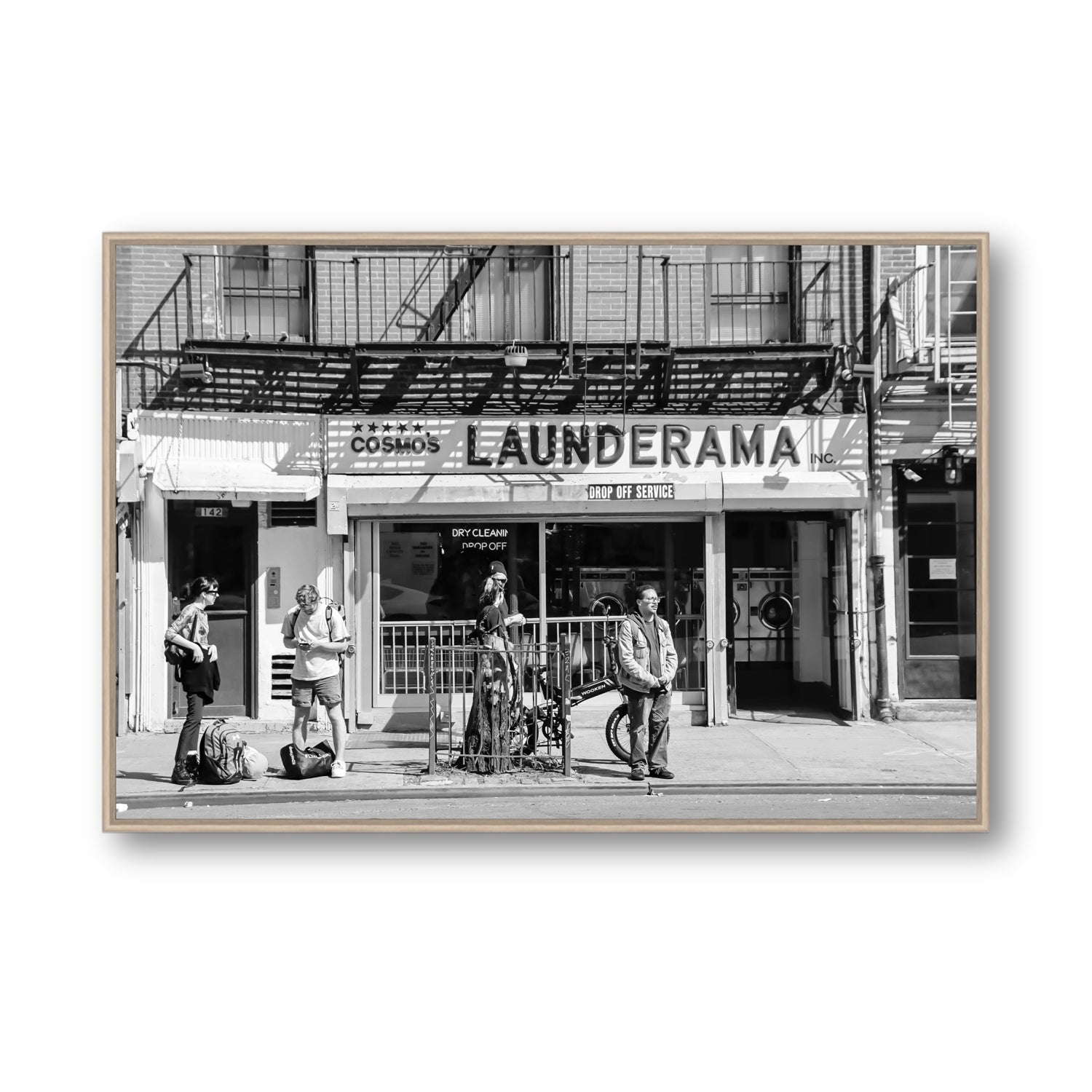 Launderama New York NYC Black & White wall art Statement fine art canvas in natural oak float frame