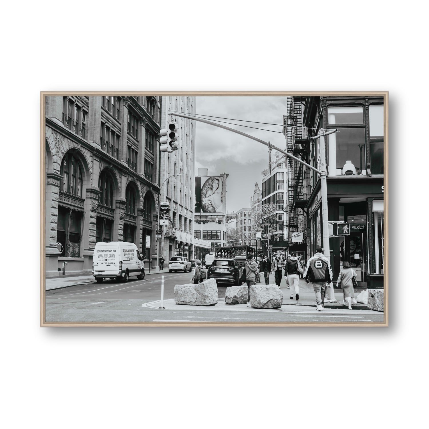 Inkwell Metropolis New York NYC Black & White wall art Statement fine art canvas in natural oak float frame