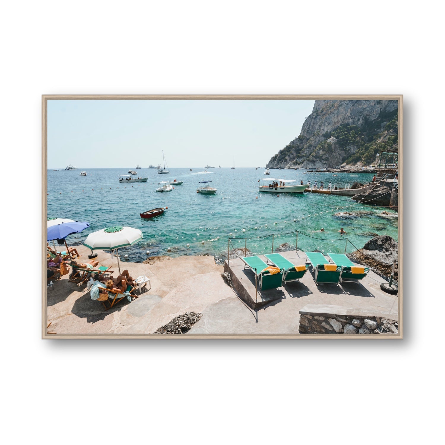 Save Me A Seat Capri Mediterranean wall art Statement fine art canvas in natural oak float frame