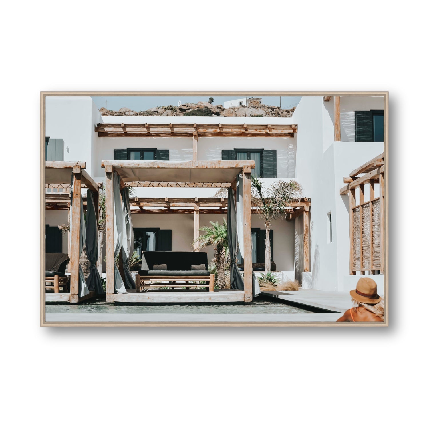 Dream Villa fine art print, Mykonos, Greece, Statement, Natural Oak Float Frame, Fine Art Canvas