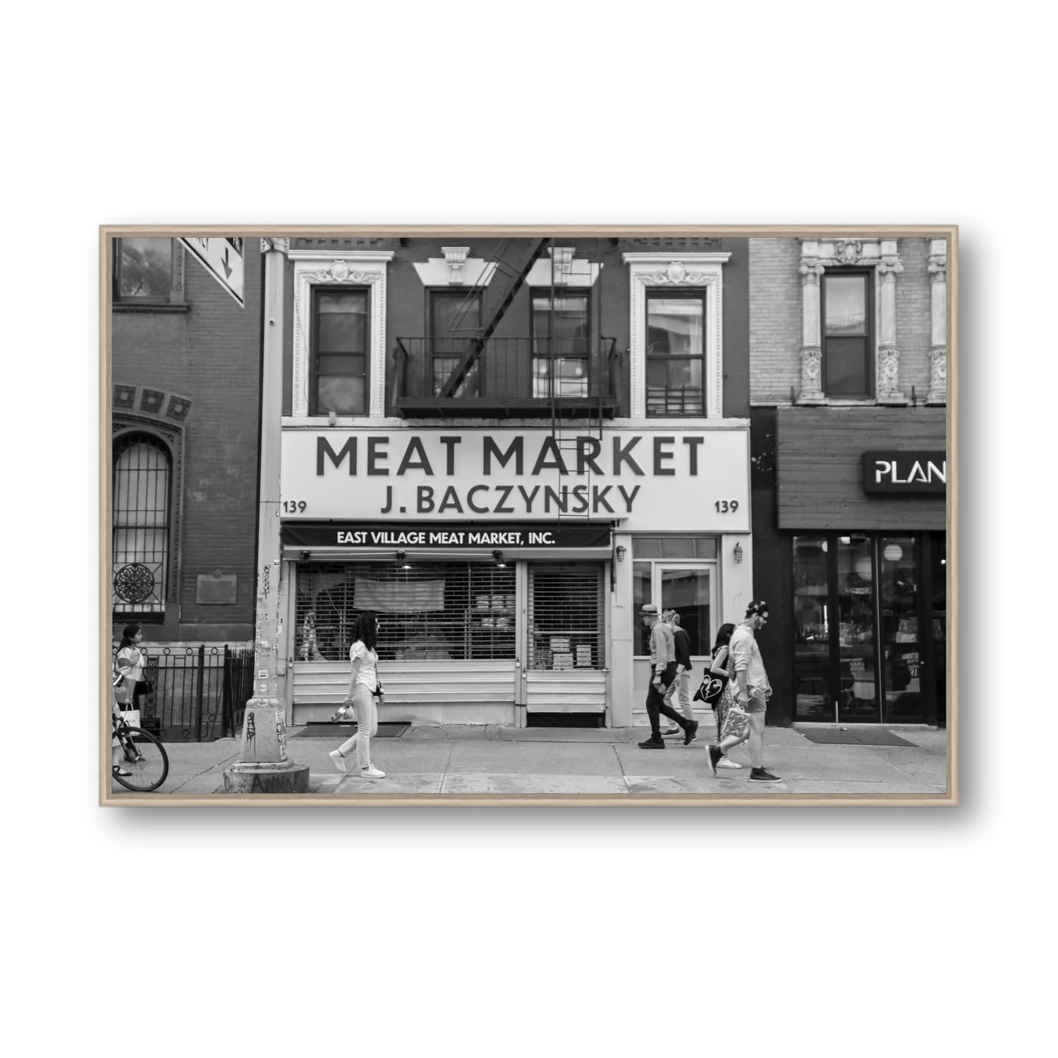 Meat District New York NYC Black & White wall art Statement fine art canvas in natural oak float frame