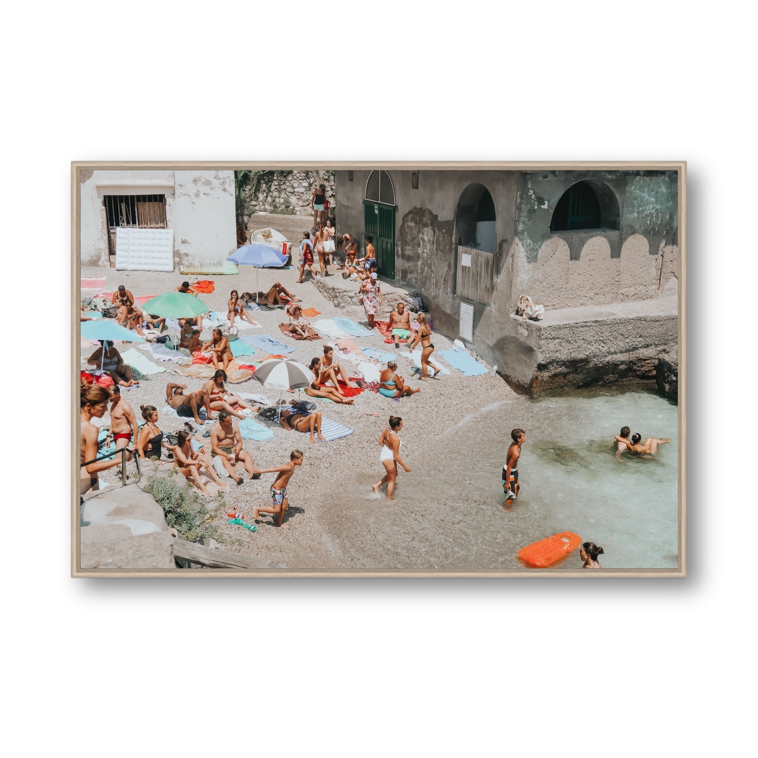Heatwave Capri beach coastal wall art Statement fine art canvas in natural oak float frame