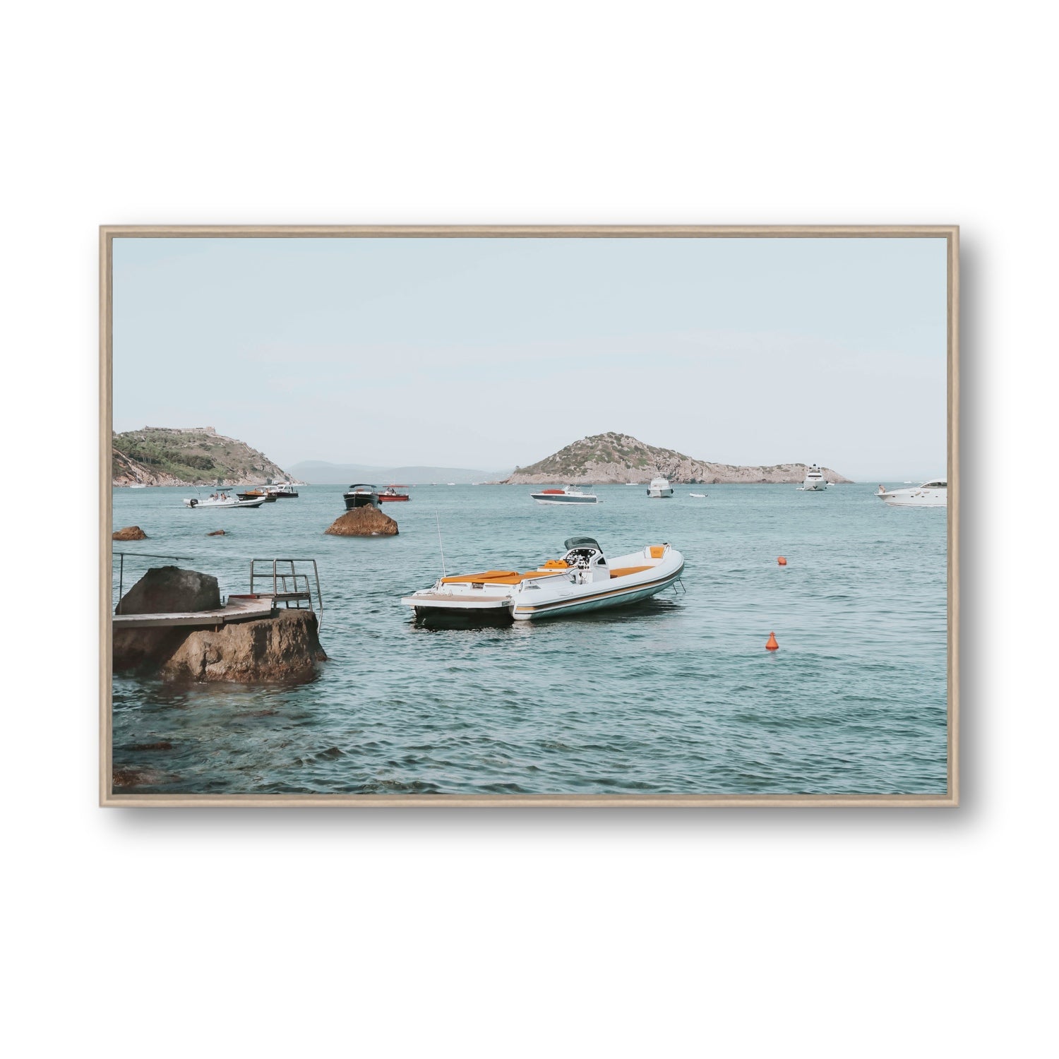 The Azure Sea Tuscany coastal Italian wall art Statement fine art canvas in natural oak float frame