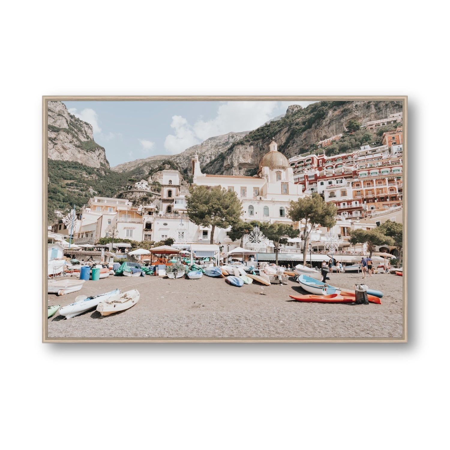 Pastel Paradise fine art print, Positano, Italy, Statement, Natural Oak Float Frame, Fine Art Canvas