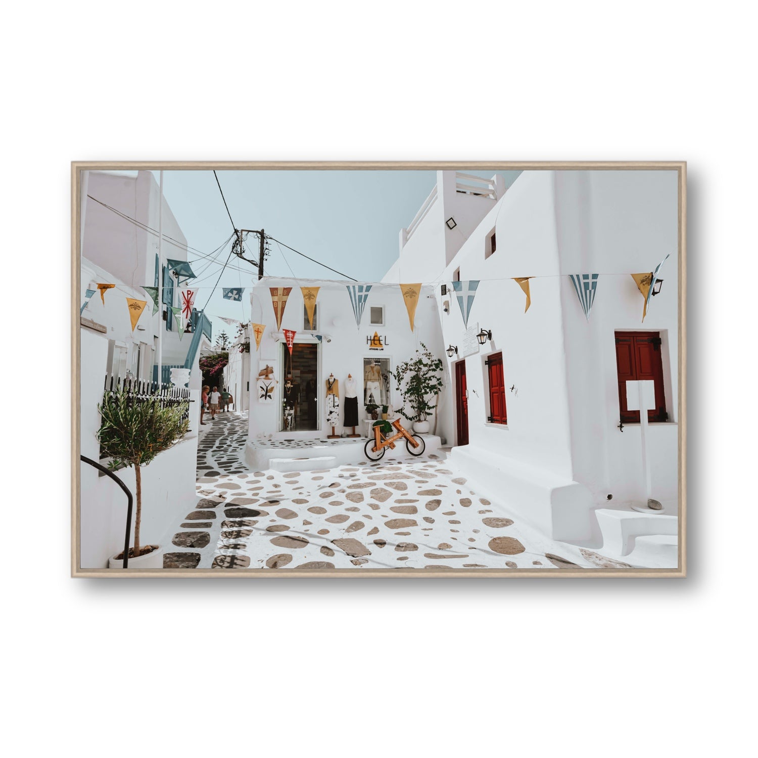 Cruising The Streets Mykonos Greek island wall art Statement fine art canvas in natural oak float frame