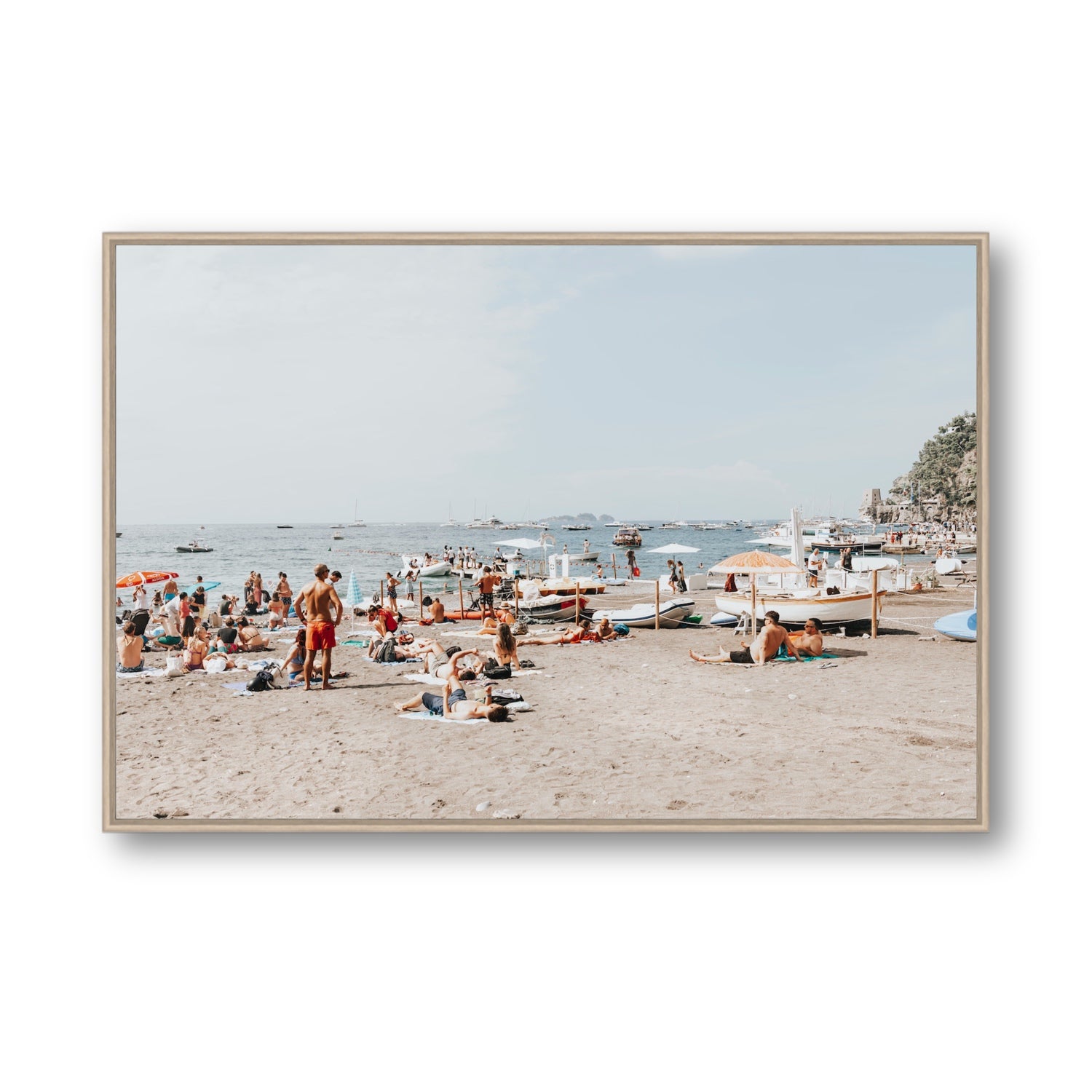 Beachy Vibes fine art print, Positano, Italy, Statement, Natural Oak Float Frame, Fine Art Canvas