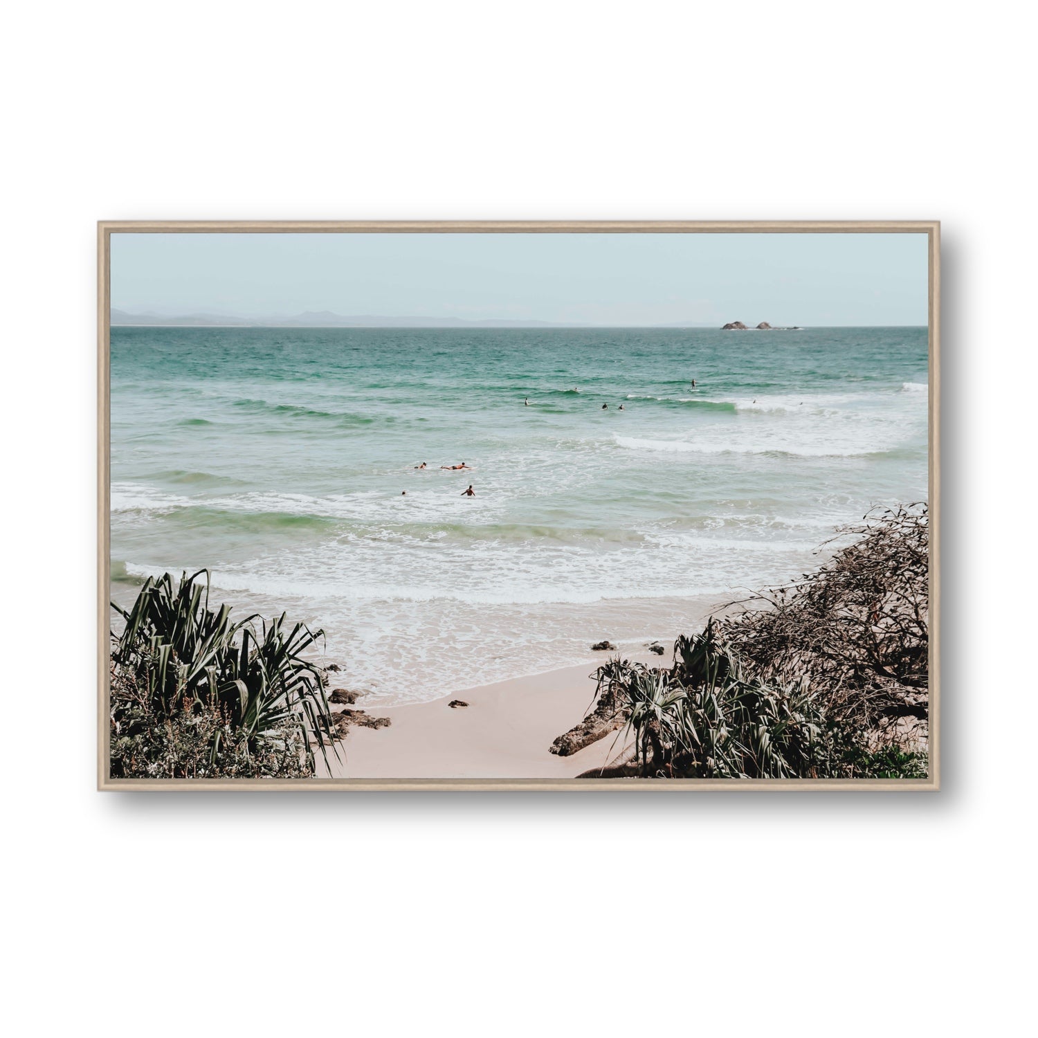 Surf City Byron Bay Surf coastal wall art Statement fine art canvas in natural oak float frame