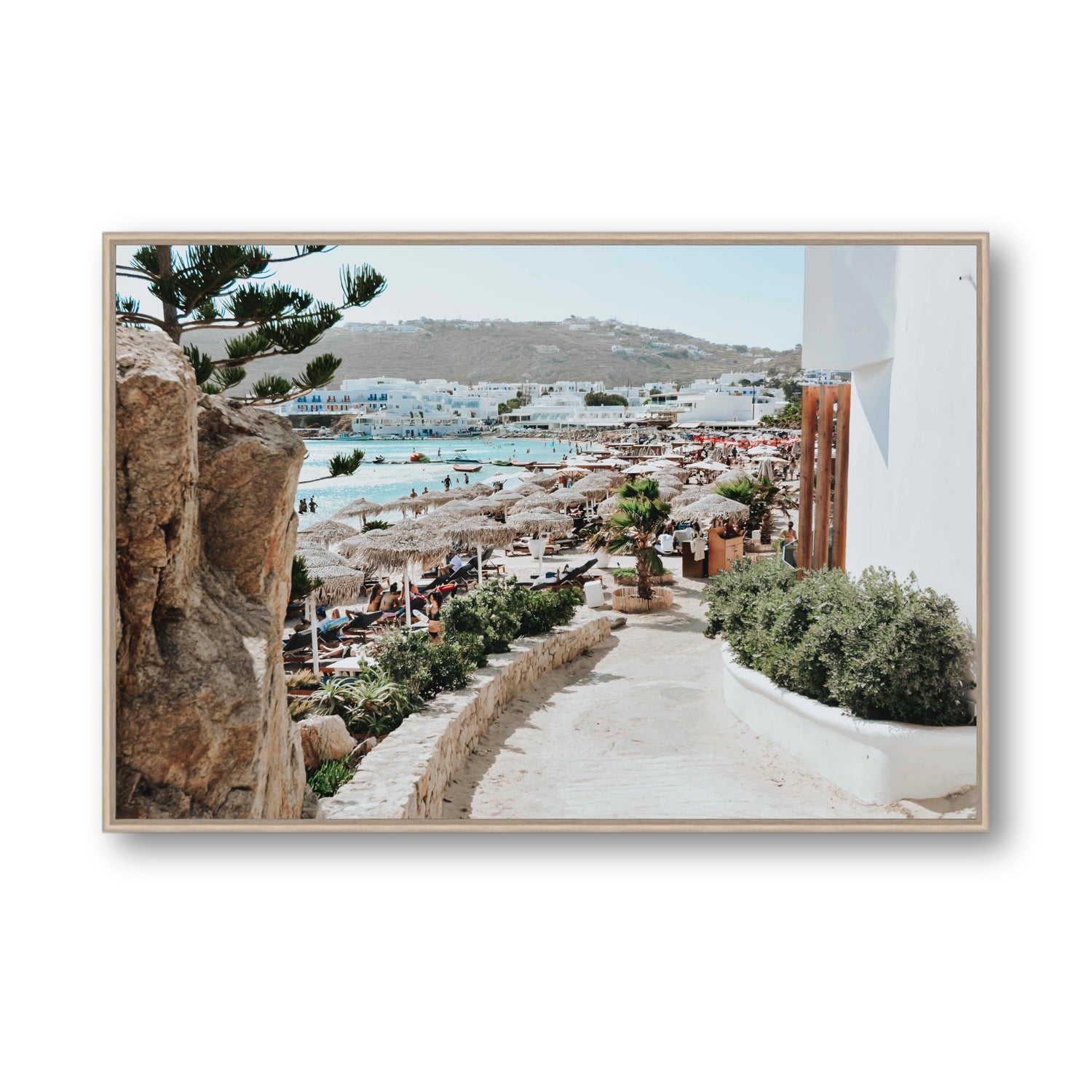 Kalimera Mykonos Greek island wall art Statement fine art canvas in natural oak float frame