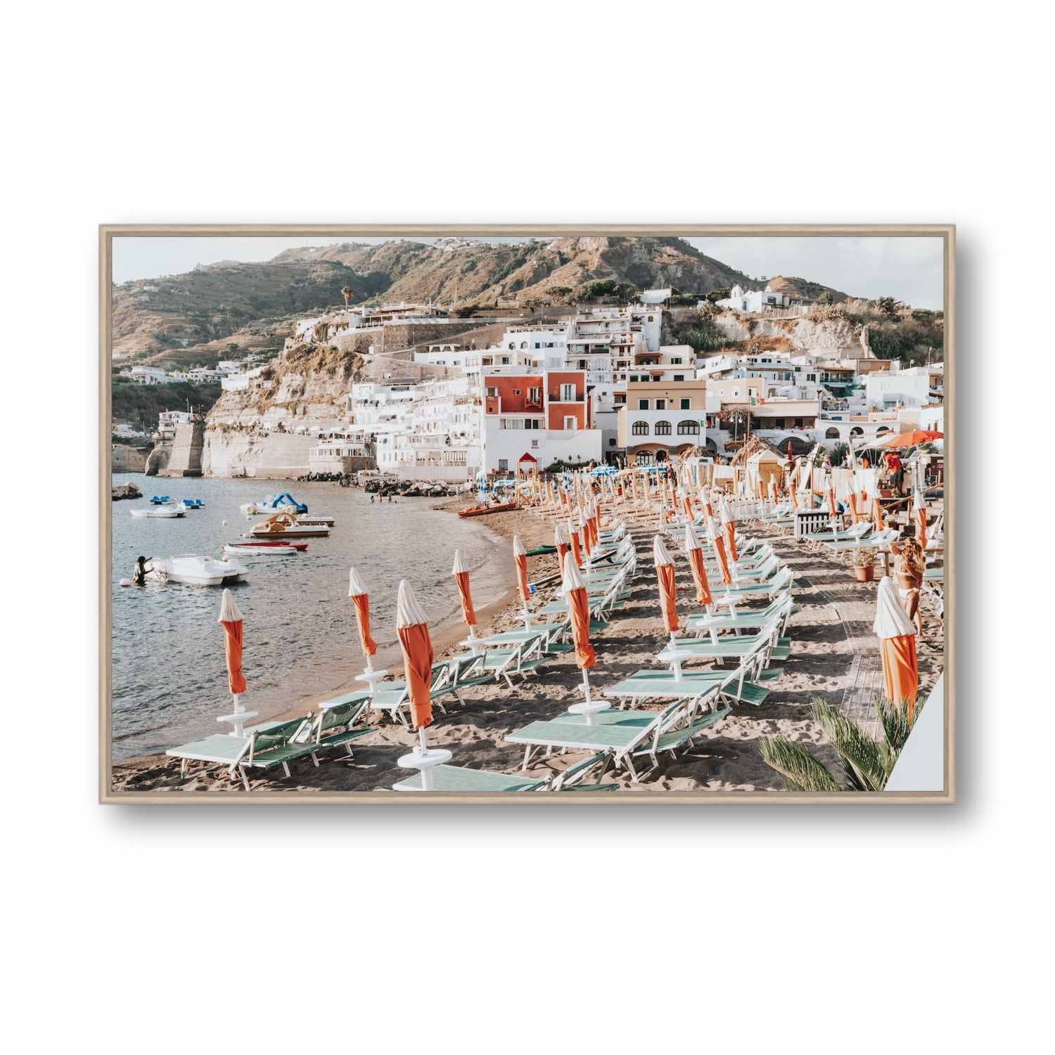 Sole Estivo Ischia Italian coastal wall art Statement fine art canvas in natural oak float frame