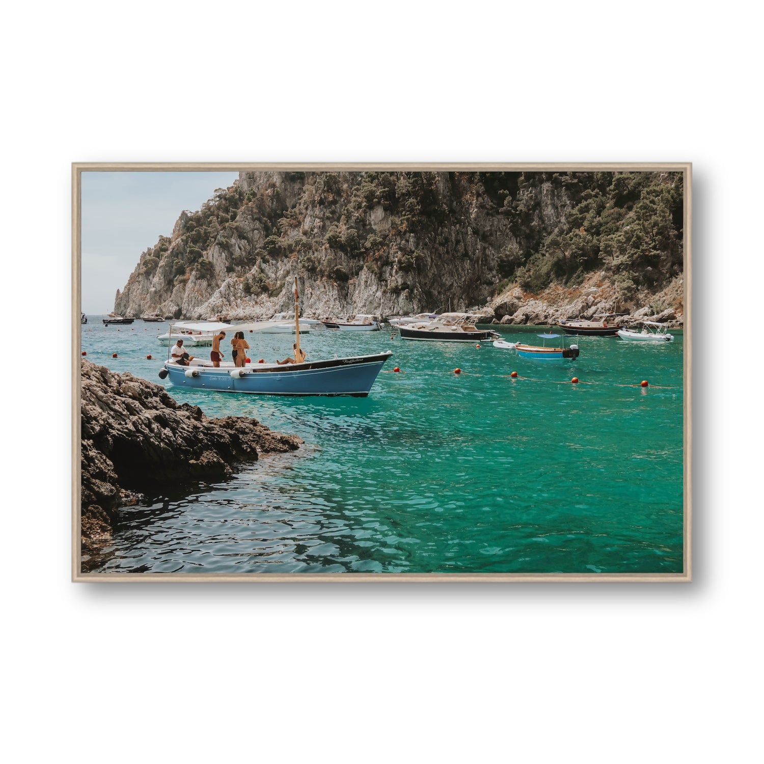 Cozy Cove Capri coastal Mediterranean wall art Statement fine art canvas in natural oak float frame