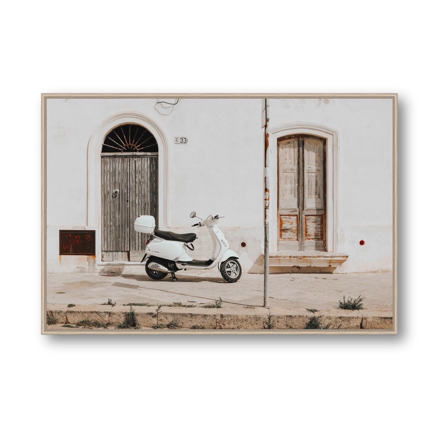 Vespa Nostalgia Puglia Italian wall art Statement fine art canvas in natural oak float frame