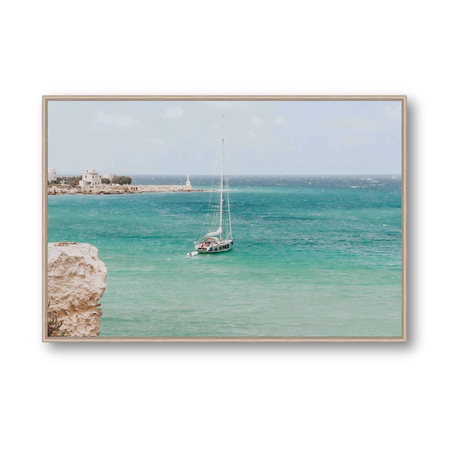 Adriatic Escape Puglia Italian coastal decor wall art Statement fine art canvas in natural oak float frame