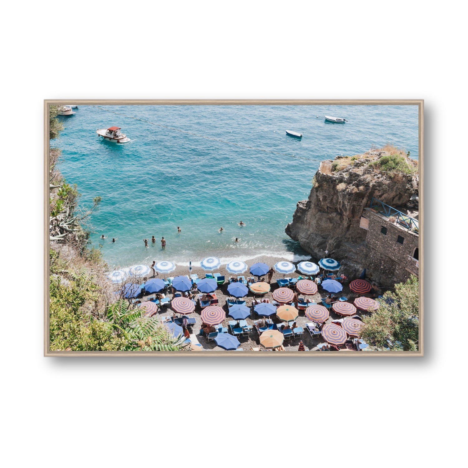 The Cove fine art print, Positano, Italy, Statement, Natural Oak Float Frame, Fine Art Canvas