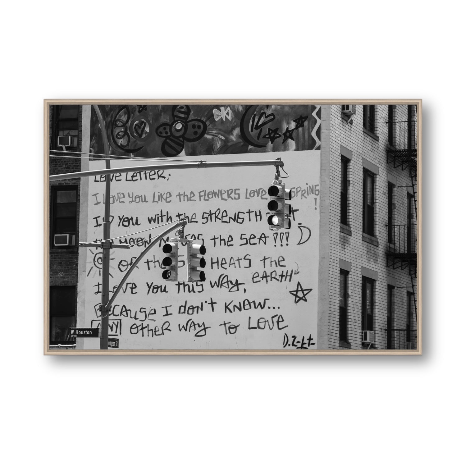 Love Letter New York NYC Black & White wall art Statement fine art canvas in natural oak float frame
