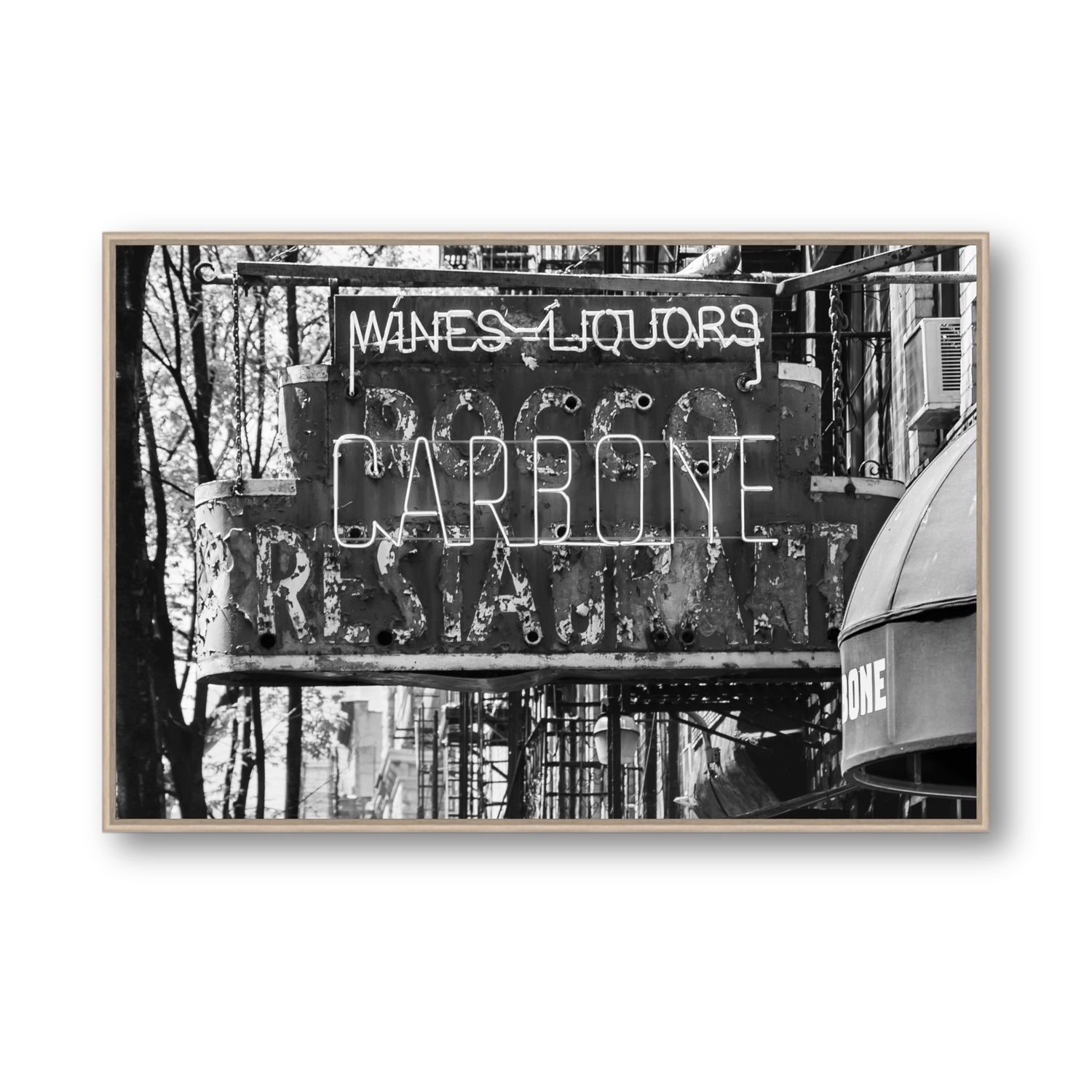 Thompson Street New York NYC Black & White wall art Statement fine art canvas in natural oak float frame