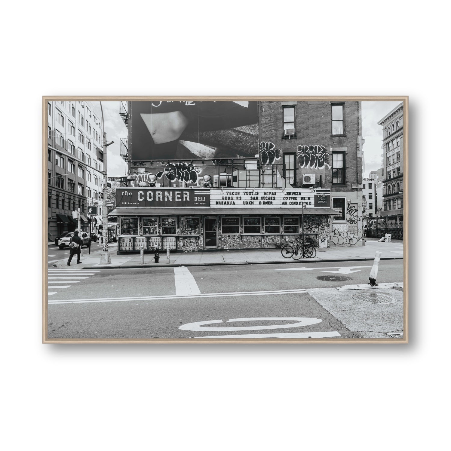 Kenmare Street New York NYC Black & White wall art Statement fine art canvas in natural oak float frame