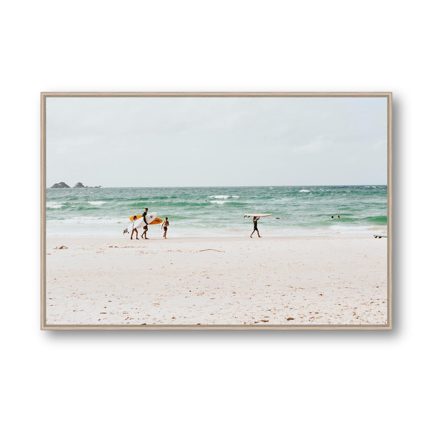 La Famiglia Byron Bay Family Surf coastal wall art Statement fine art canvas in natural oak float frame