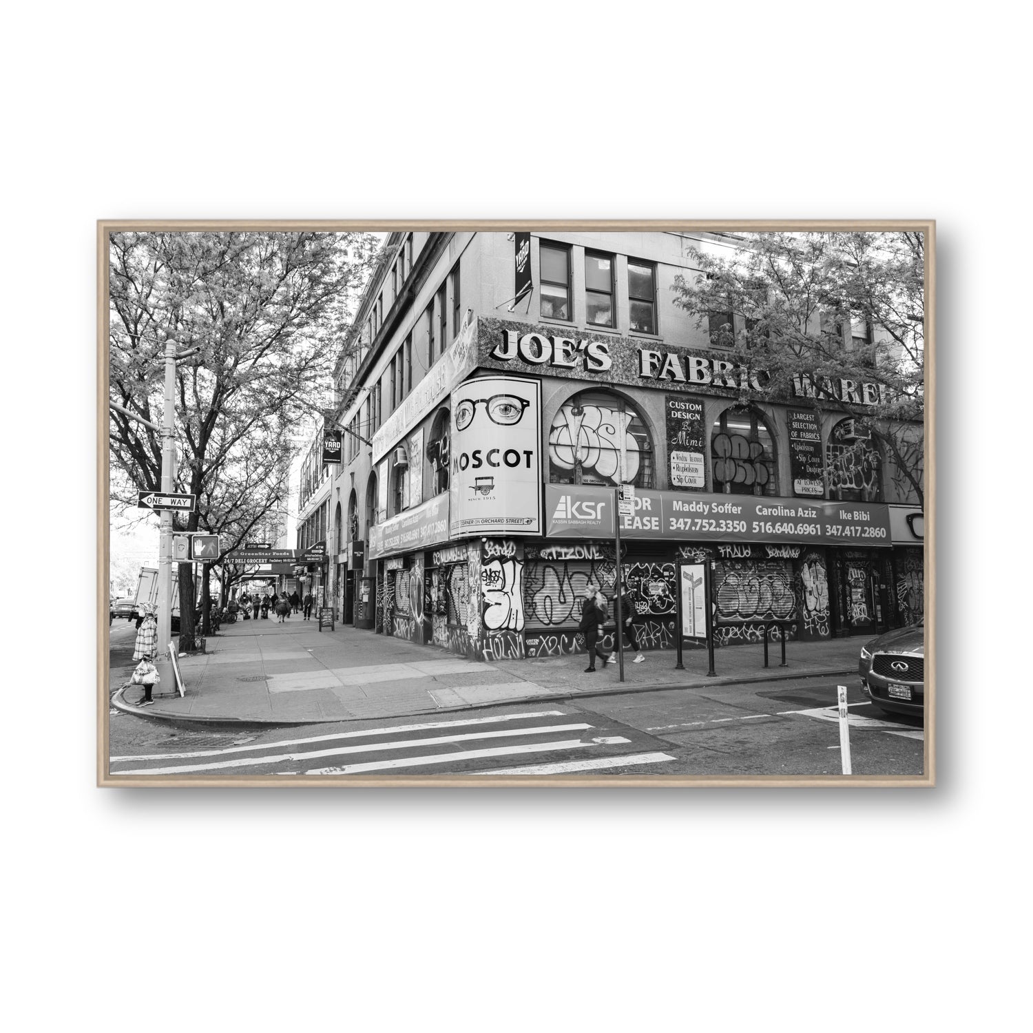 Wall Poetry New York NYC Black & White wall art Statement fine art canvas in natural oak float frame