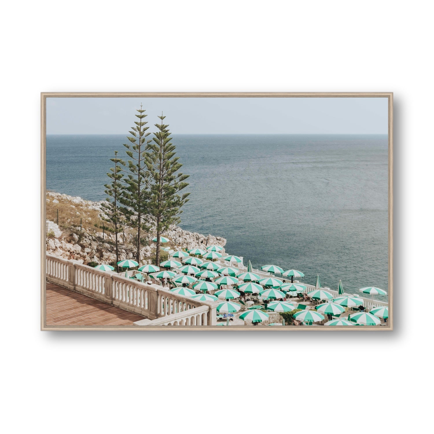 Azure Horizon Puglia beach coastal wall art Statement fine art canvas in natural oak float frame