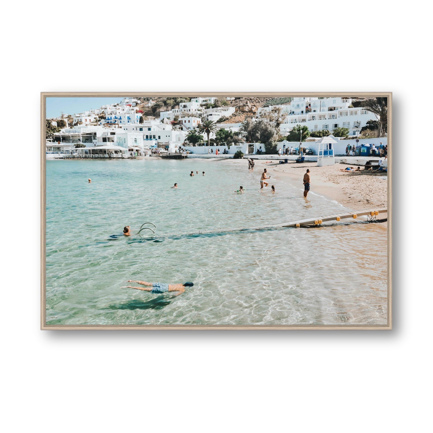 Bathe Yourself In Beauty Mykonos Greek island wall art Statement fine art canvas in natural oak float frame