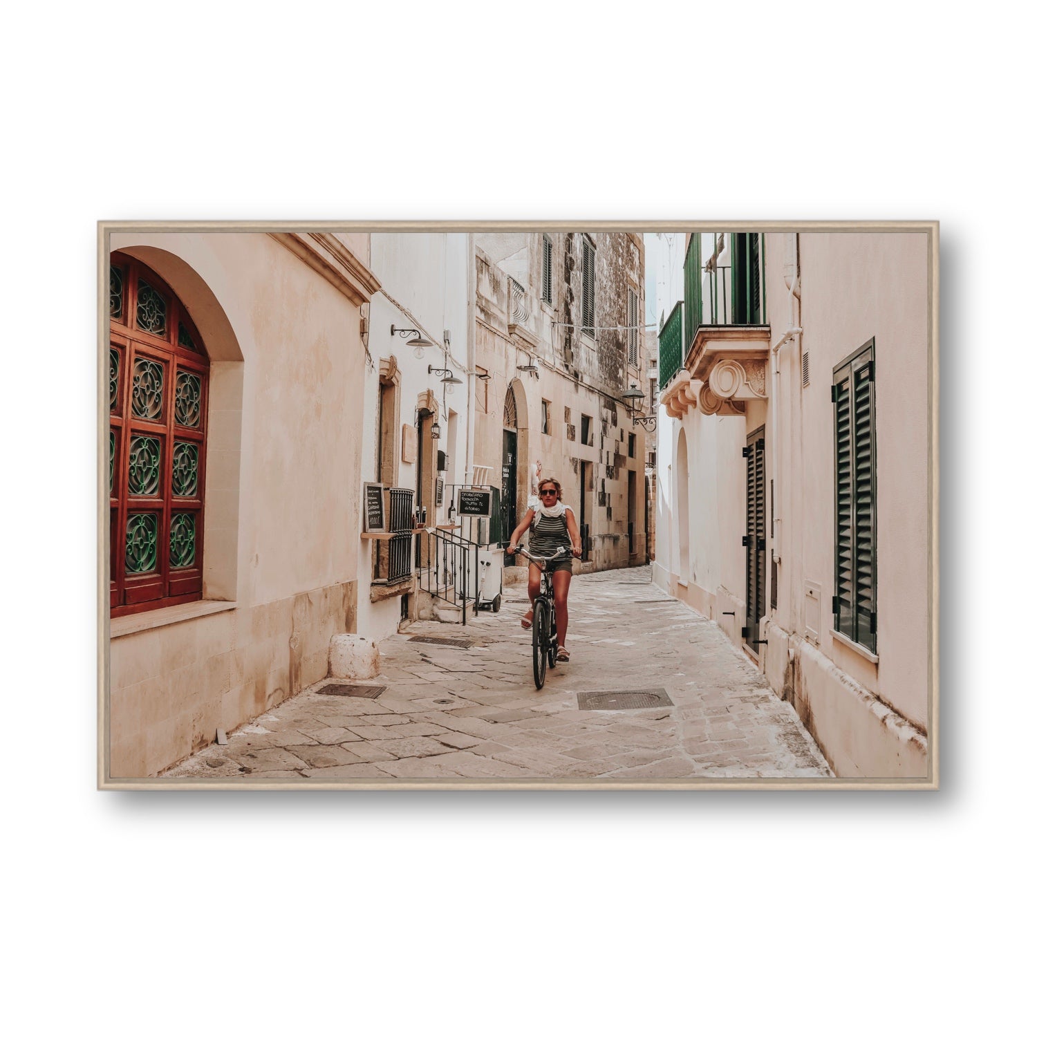 La Donna In Bicicletta Puglia Wall Italian fine art print Statement fine art canvas in natural oak float frame