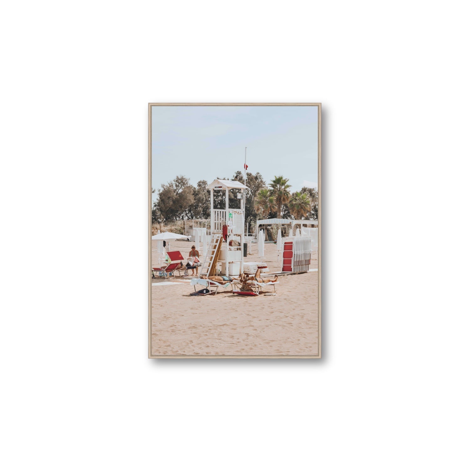 Red Lounge Reverie Puglia beach coastal wall art Large fine art canvas in natural oak float frame