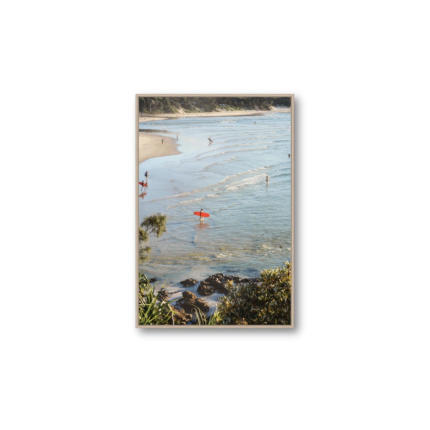 Seclusion Byron Bay Surf coastal wall art Large fine art canvas in natural oak float frame