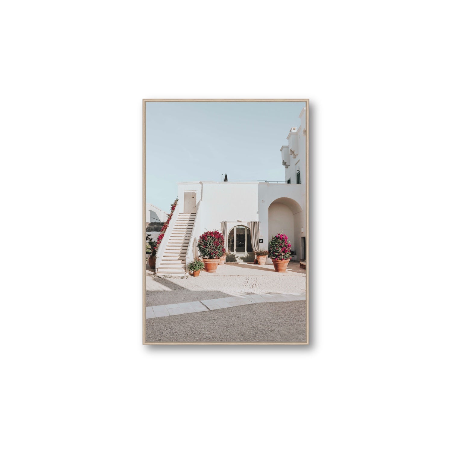 Scala Fiorita Puglia Mediterranean wall art Large fine art canvas in natural oak float frame