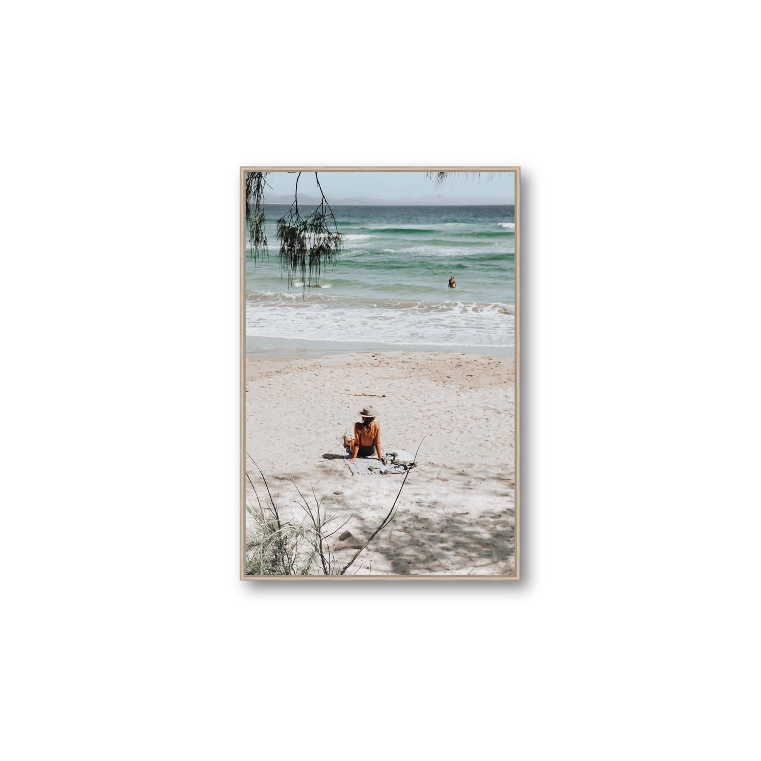 Take It Easy Byron Bay beach coastal decor wall art Large fine art canvas in natural oak float frame