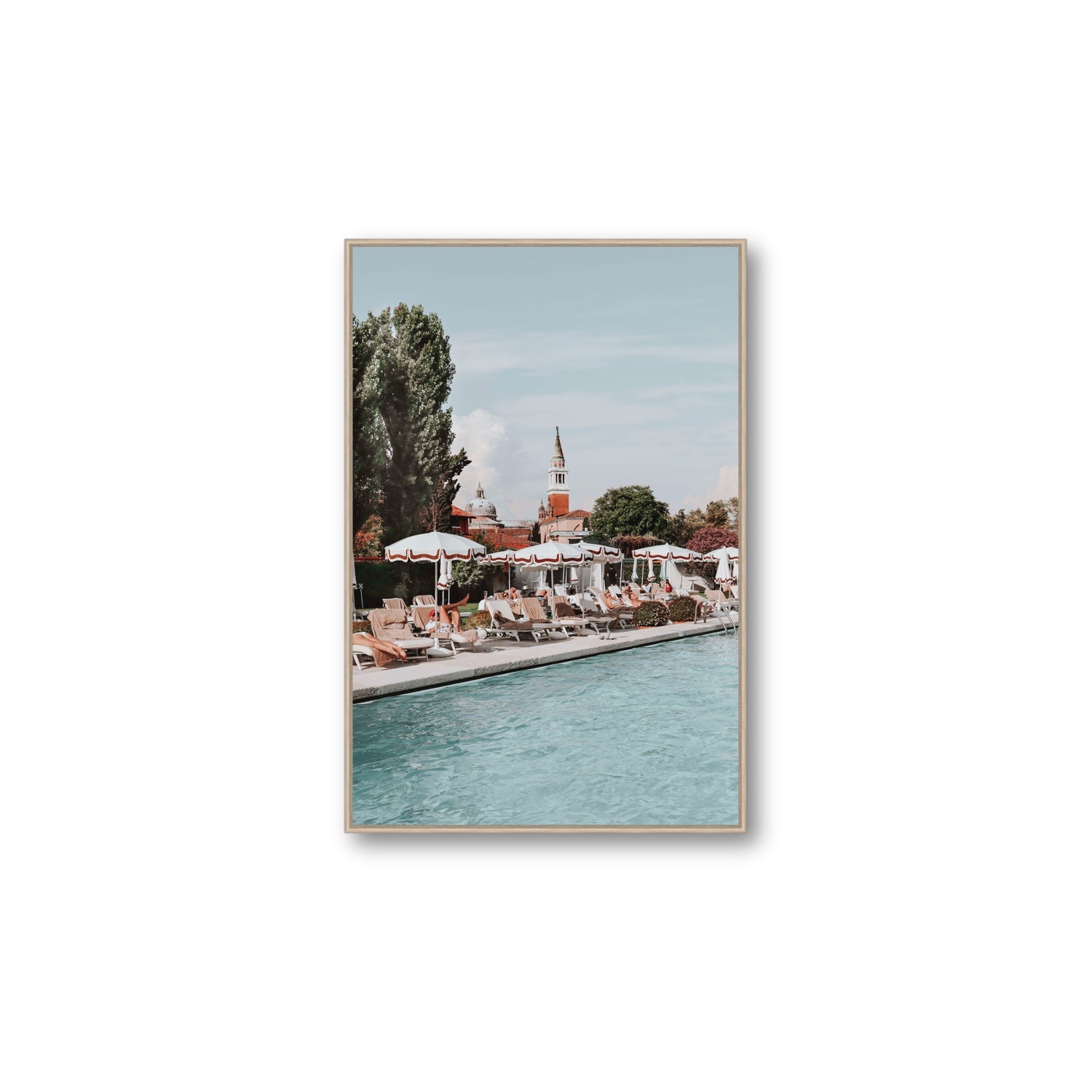 Poolside Perch Venice Italian wall art Large fine art canvas in natural oak float frame