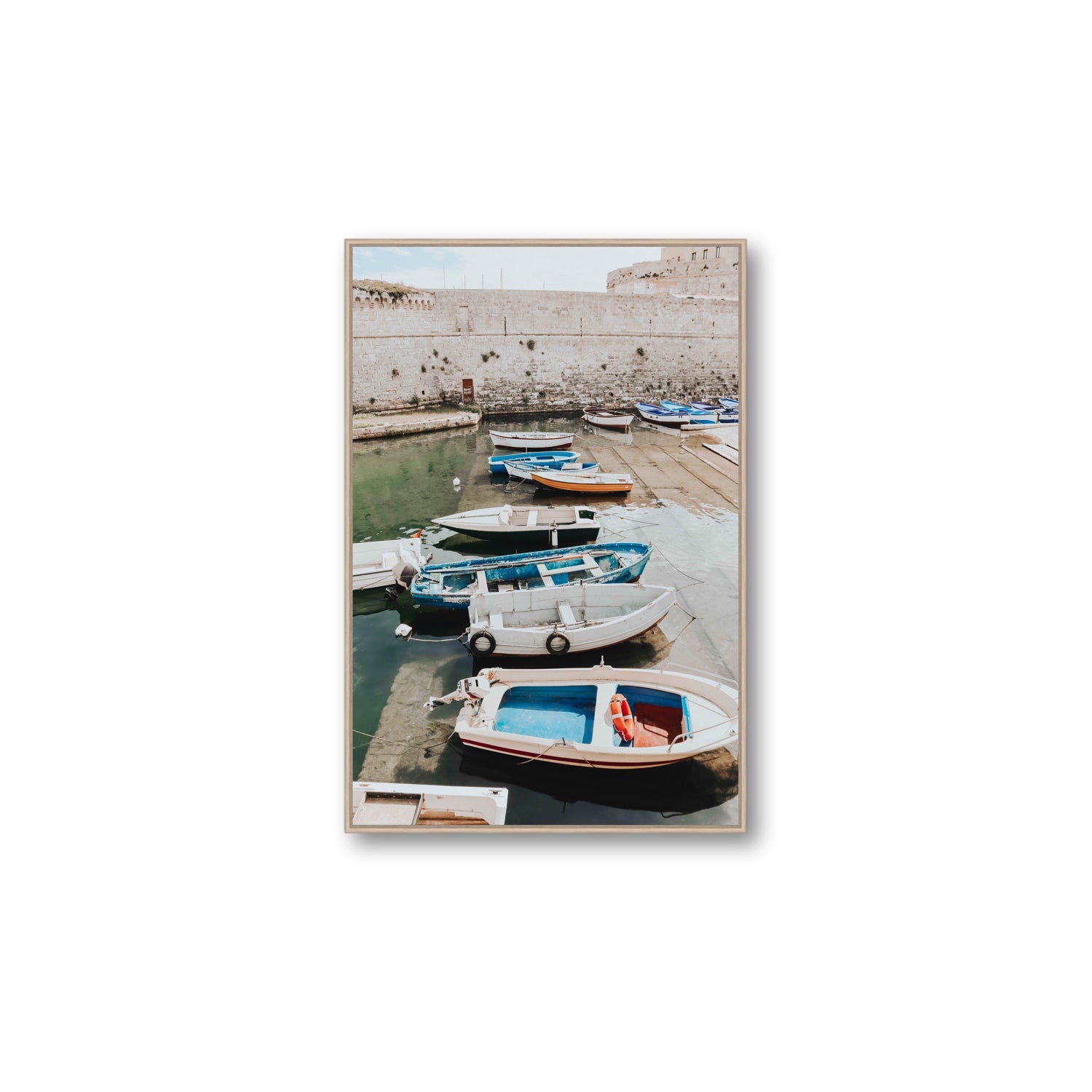 Harbour Palette Puglia coastal photography wall art Large fine art canvas in natural oak float frame