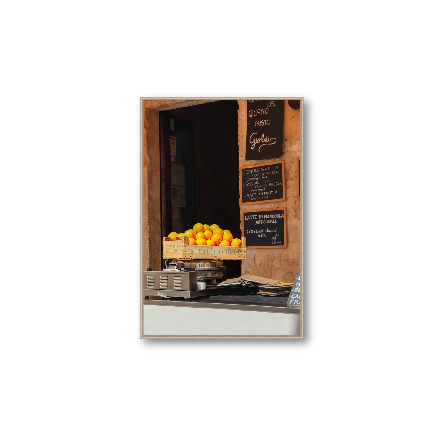 Luminous Citrus Puglia Ostuni Italian wall art Large fine art canvas in natural oak float frame