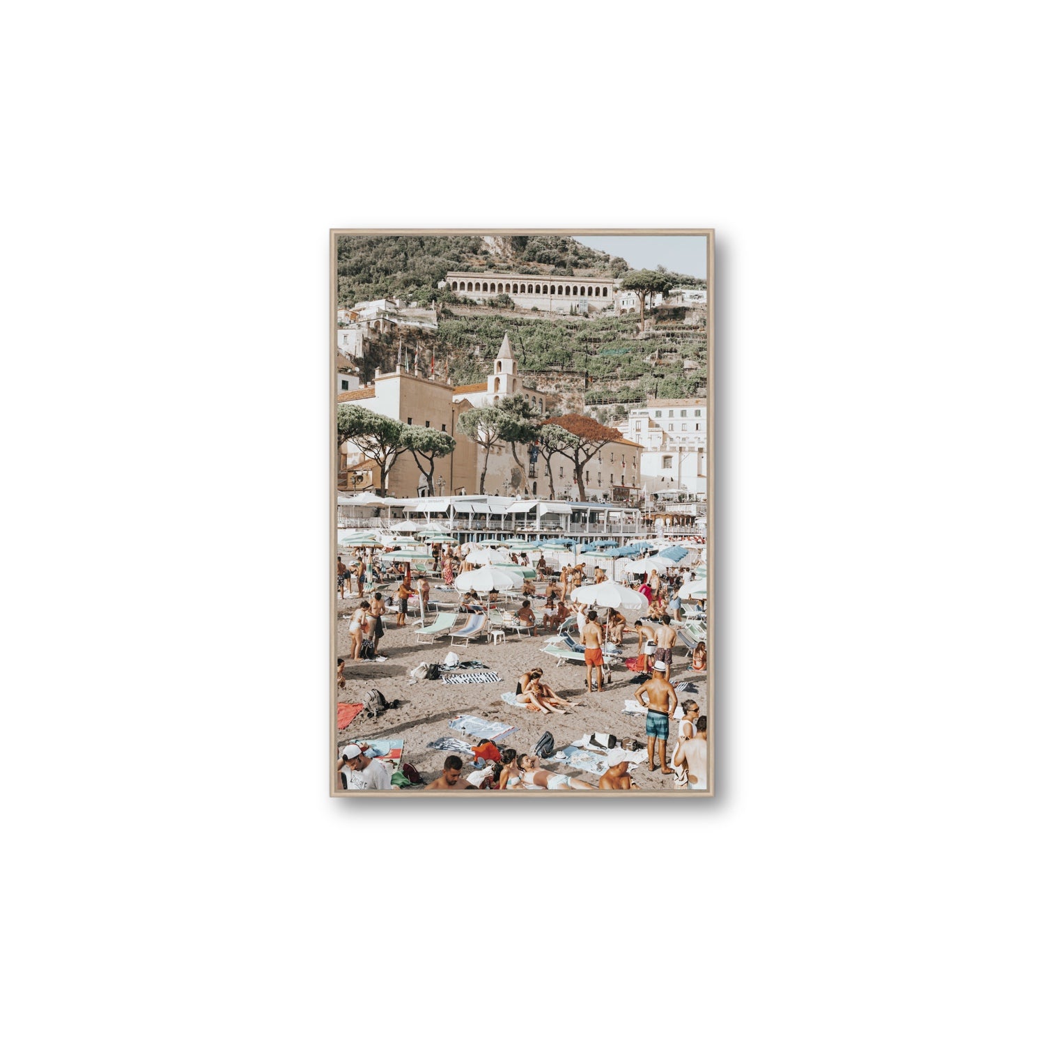 Festa In Spiaggia Amalfi coastal wall art Large fine art canvas in natural oak float frame