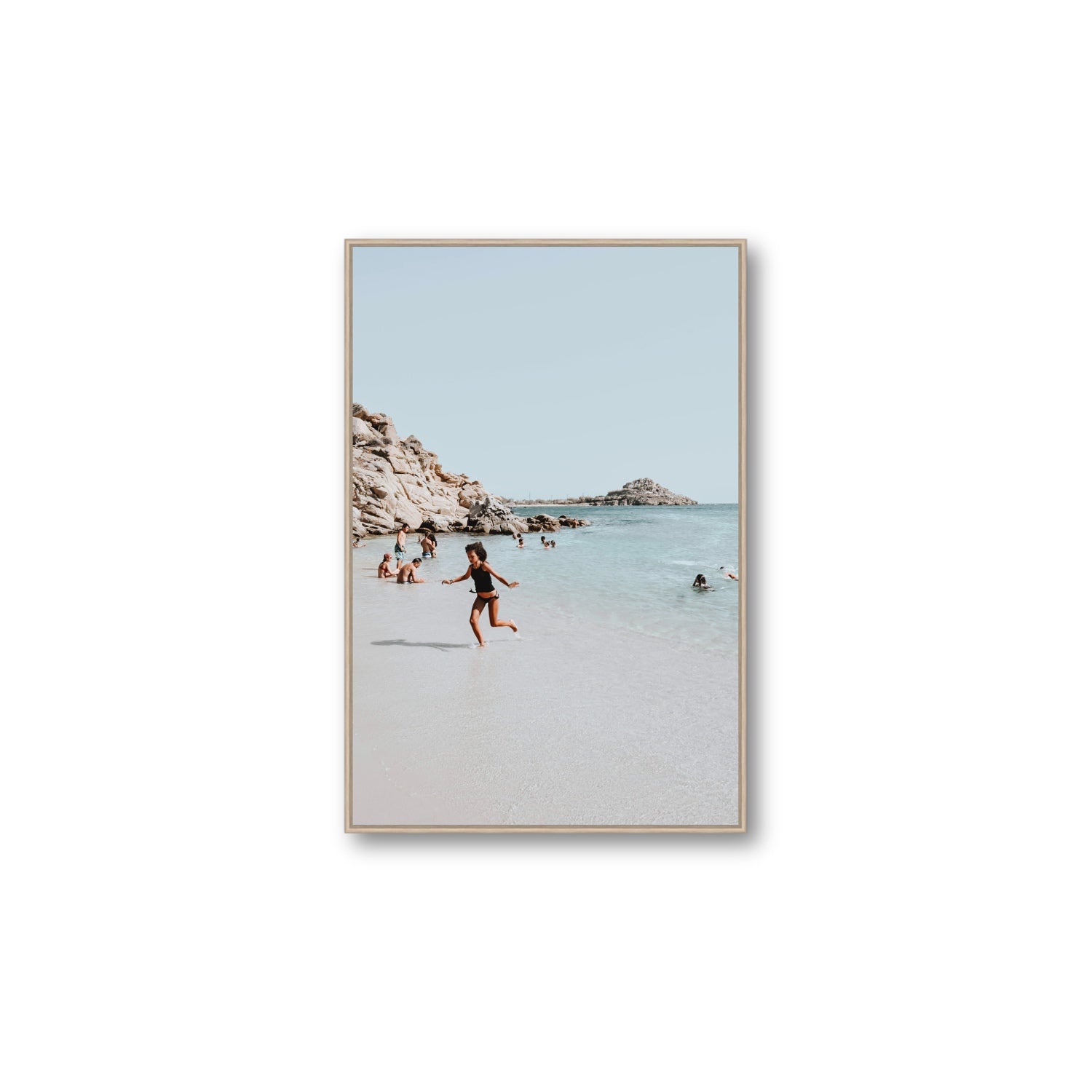 Skipping Angel Mykonos Greek island decor wall art Large fine art canvas in natural oak float frame