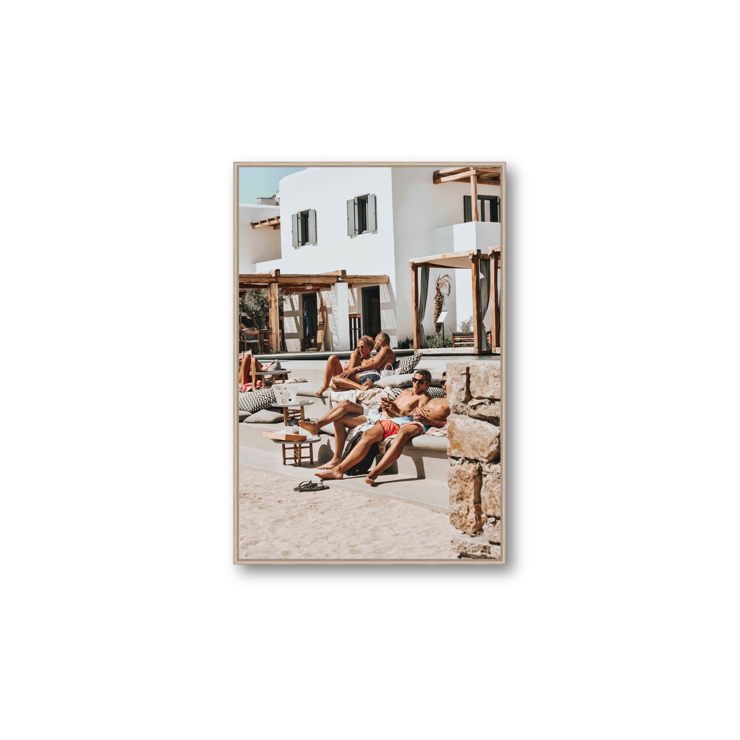 Style That Sizzles Mykonos Greek island wall art Large fine art canvas in natural oak float frame
