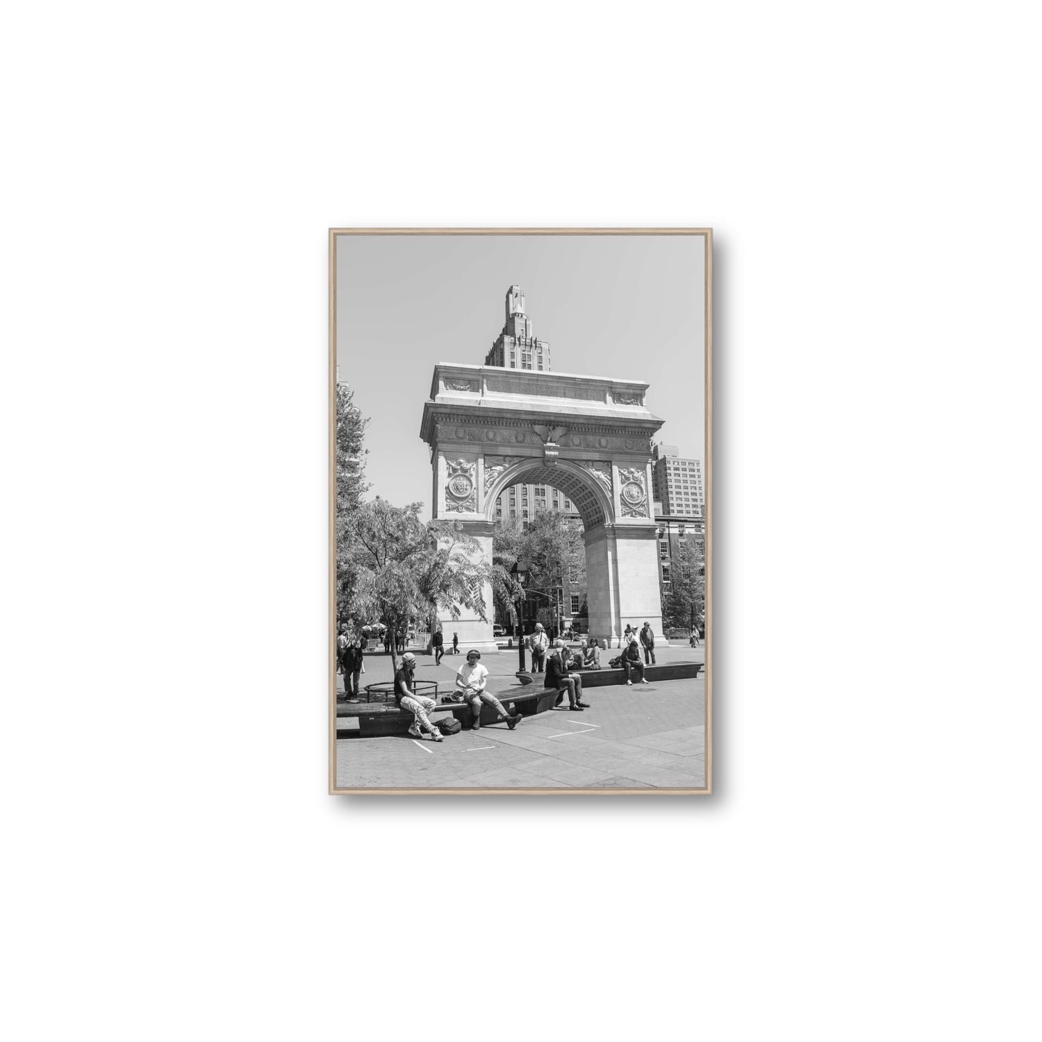 City Picnic New York NYC Black & White wall art Large fine art canvas in natural oak float frame