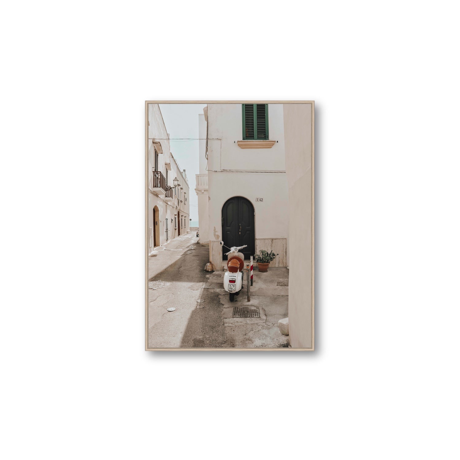 La Casa 42 Puglia Gallipoli Italian wall art Large fine art canvas in natural oak float frame