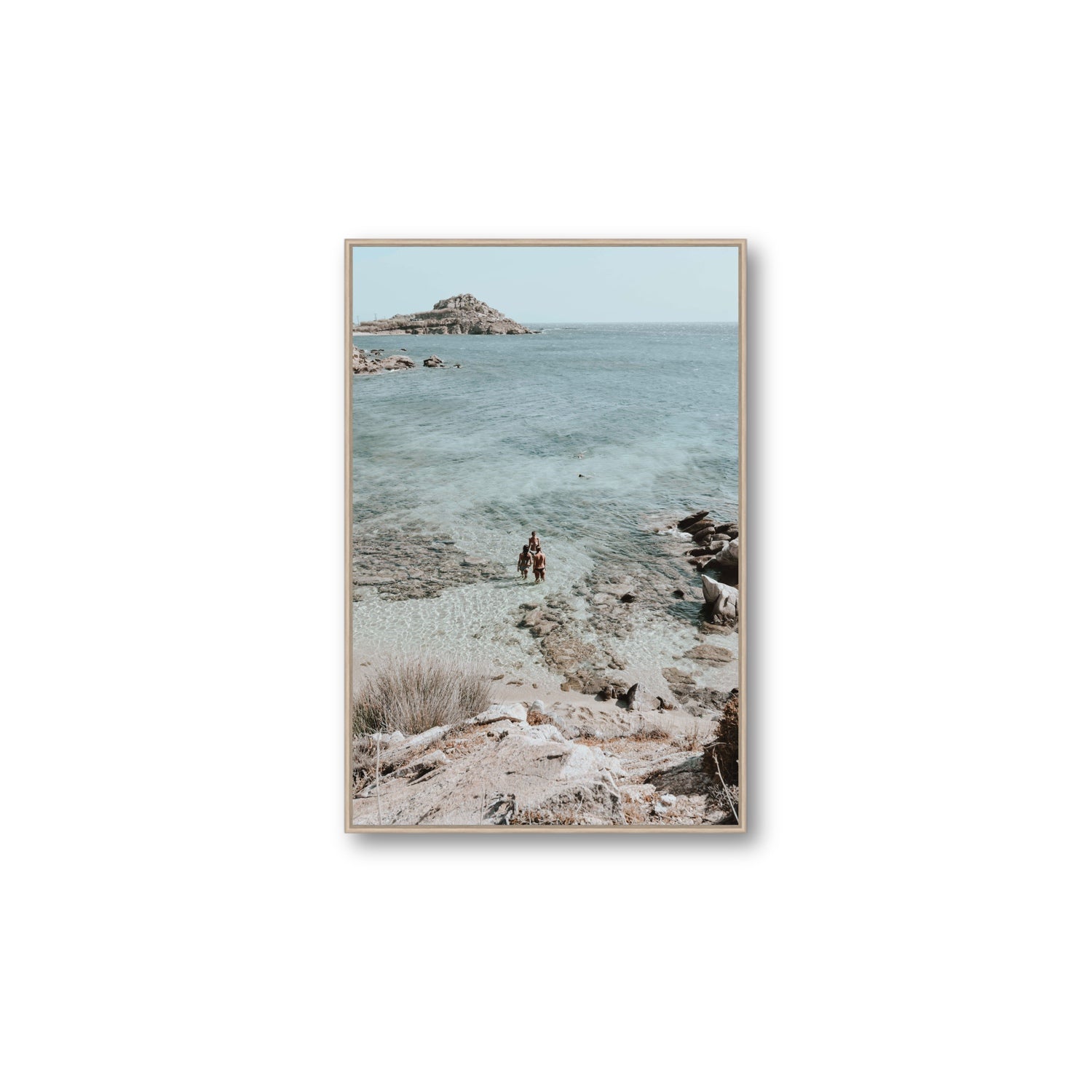 Island Life Mykonos coastal Greek island wall art Large fine art canvas in natural oak float frame