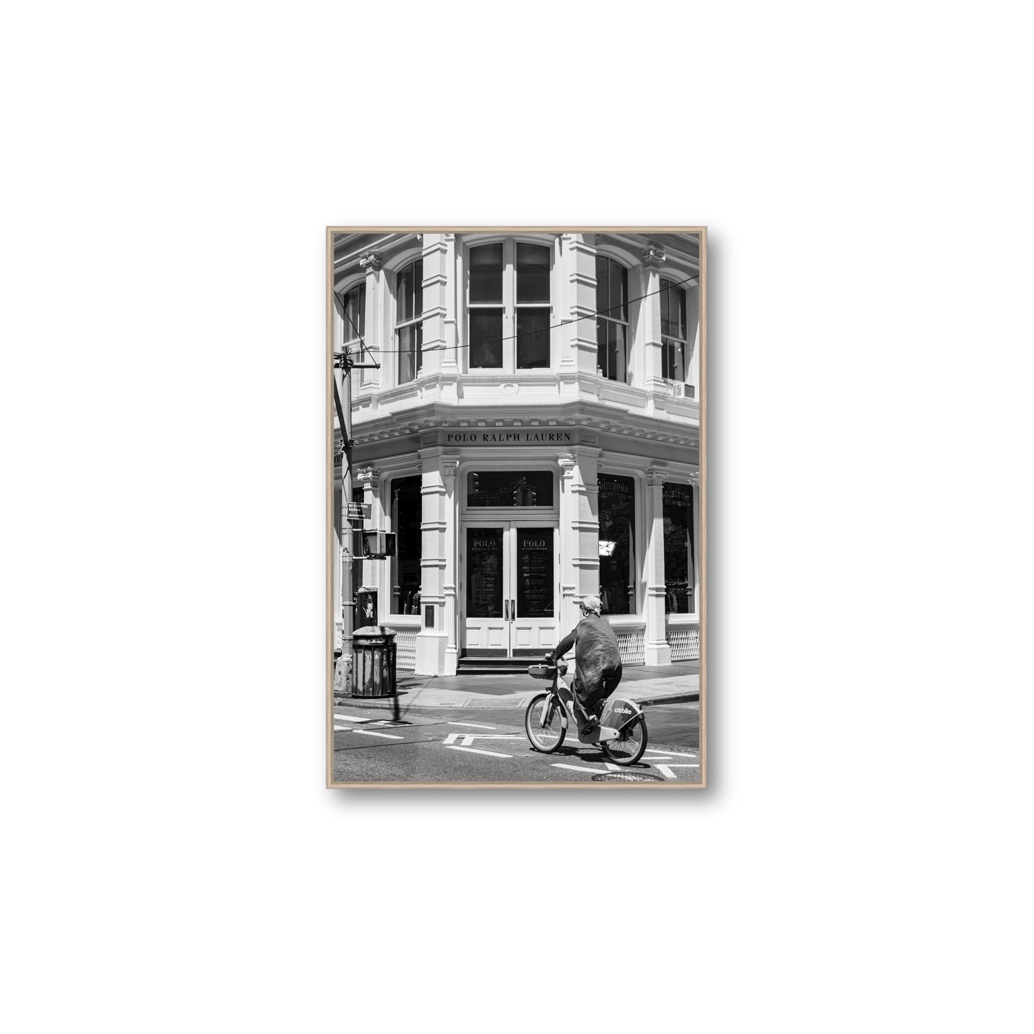 Downtown Rider New York NYC Black & White wall art Large fine art canvas in natural oak float frame