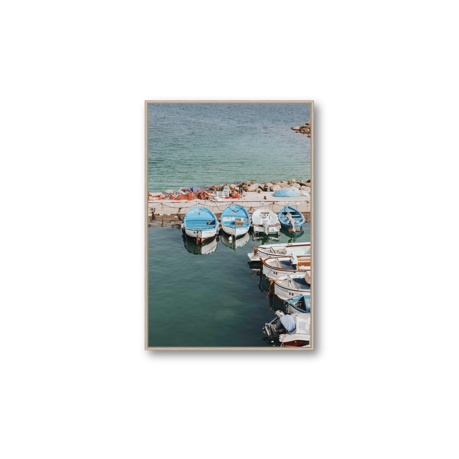 Maritime Memories Puglia Harbour Reflections coastal wall art Large fine art canvas in natural oak float frame
