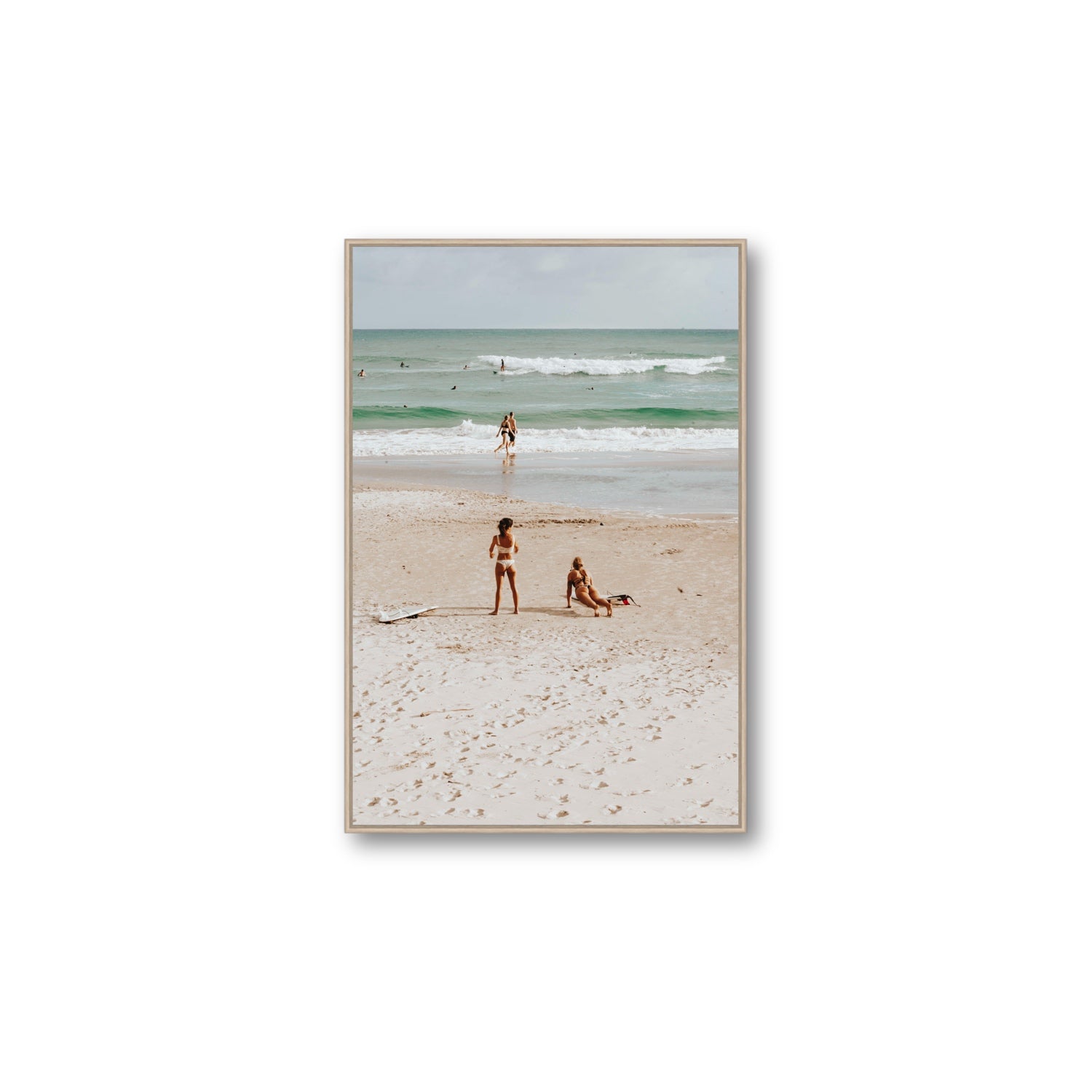 Gidget & Betty Byron Bay beach coastal wall art Large fine art canvas in natural oak float frame